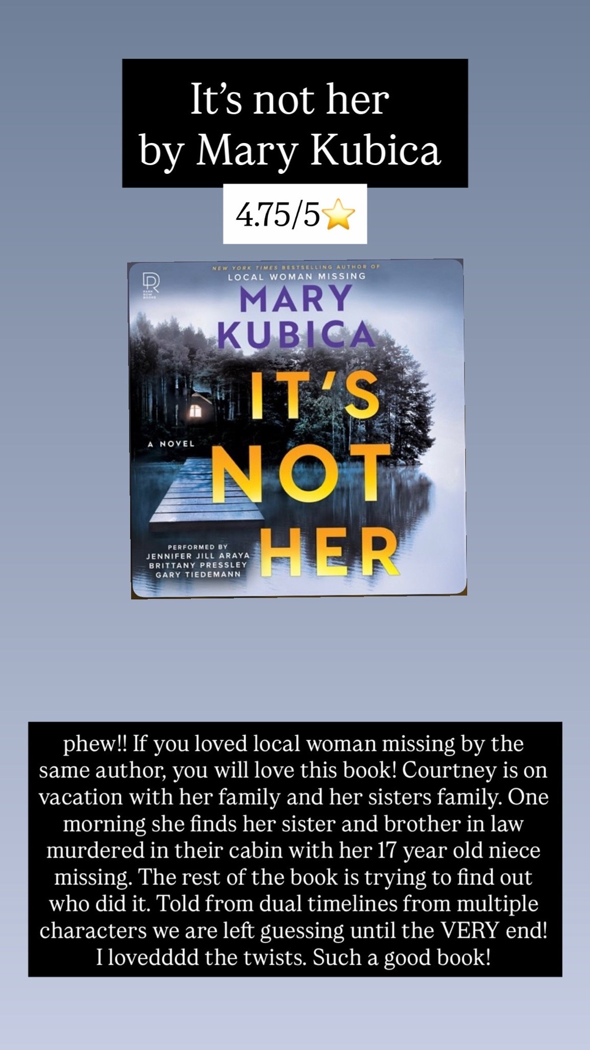 10. It’s Not Her by Mary Kubica :: 4.75/5⭐️ phew!! If you loved local woman missing by the same author, you will love this book! Courtney is on vacation with her family and her sisters family. One morning she finds her sister and brother in law murdered in their cabin with her 17 year old niece missing. The rest of the book is trying to find out who did it. Told from dual timelines from multiple characters we are left guessing until the VERY end! I lovedddd the twists. Such a good book!

#LTKdayinmylife #LTKTravel #LTKstorytime