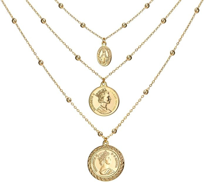 ACC PLANET Gold Layered Necklace for Women, 14K Gold Plated Coin Cross Pendant Necklace Chunky Ch... | Amazon (US)