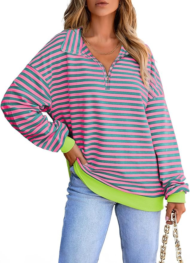 EVALESS Oversized Striped Sweatshirt for Women Casual Color Block Long Sleeve Shirts Quarter Zip ... | Amazon (US)