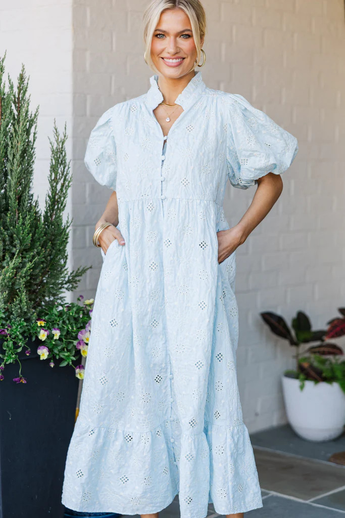 Feminine Find Light Blue Eyelet Midi Dress | The Mint Julep Boutique