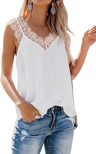 BLENCOT Women's V Neck Lace Strappy Cami Tank Tops Casual Loose Sleeveless Blouse Shirts | Amazon (US)