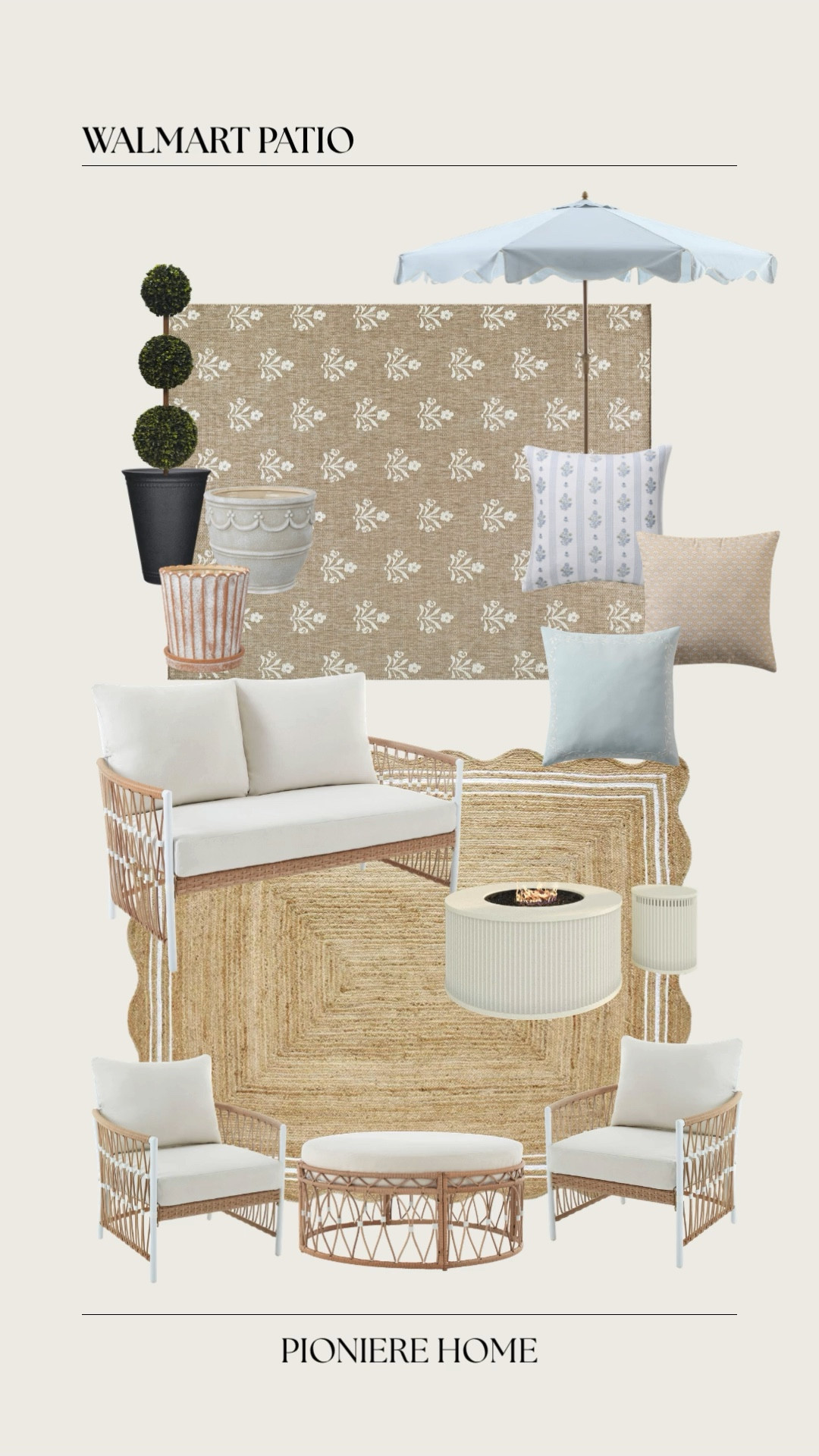 Walmart patio. Affordable Outdoor furniture and decor, Serena and Lily dupes, jute rug, outdoor pillows, outdoor umbrella, wove outdoor furniture 

#LTKHome #LTKSaleAlert #LTKSeasonal