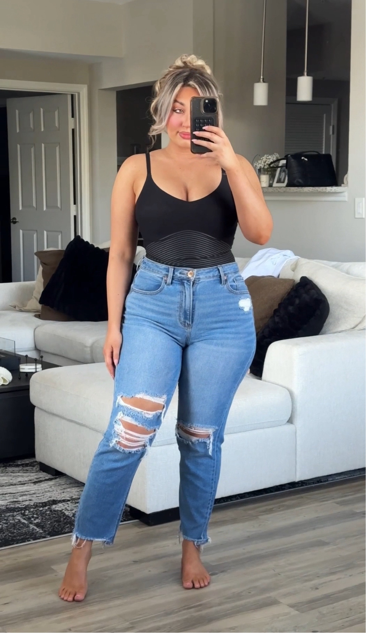 Amazon jeans on a midsize body paired up with a shaping bodysuit from Spanx (code NICOLEMXSPANX for $$ off)! Wearing a large/US10 in jeans and medium in top. 

#LTKStyleTip #LTKFindsUnder50 #LTKWatchNow