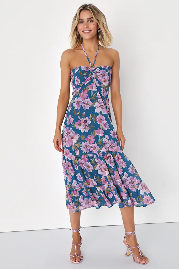Maximum Perfection Blue Floral Halter Tiered Midi Dress | Lulus (US)
