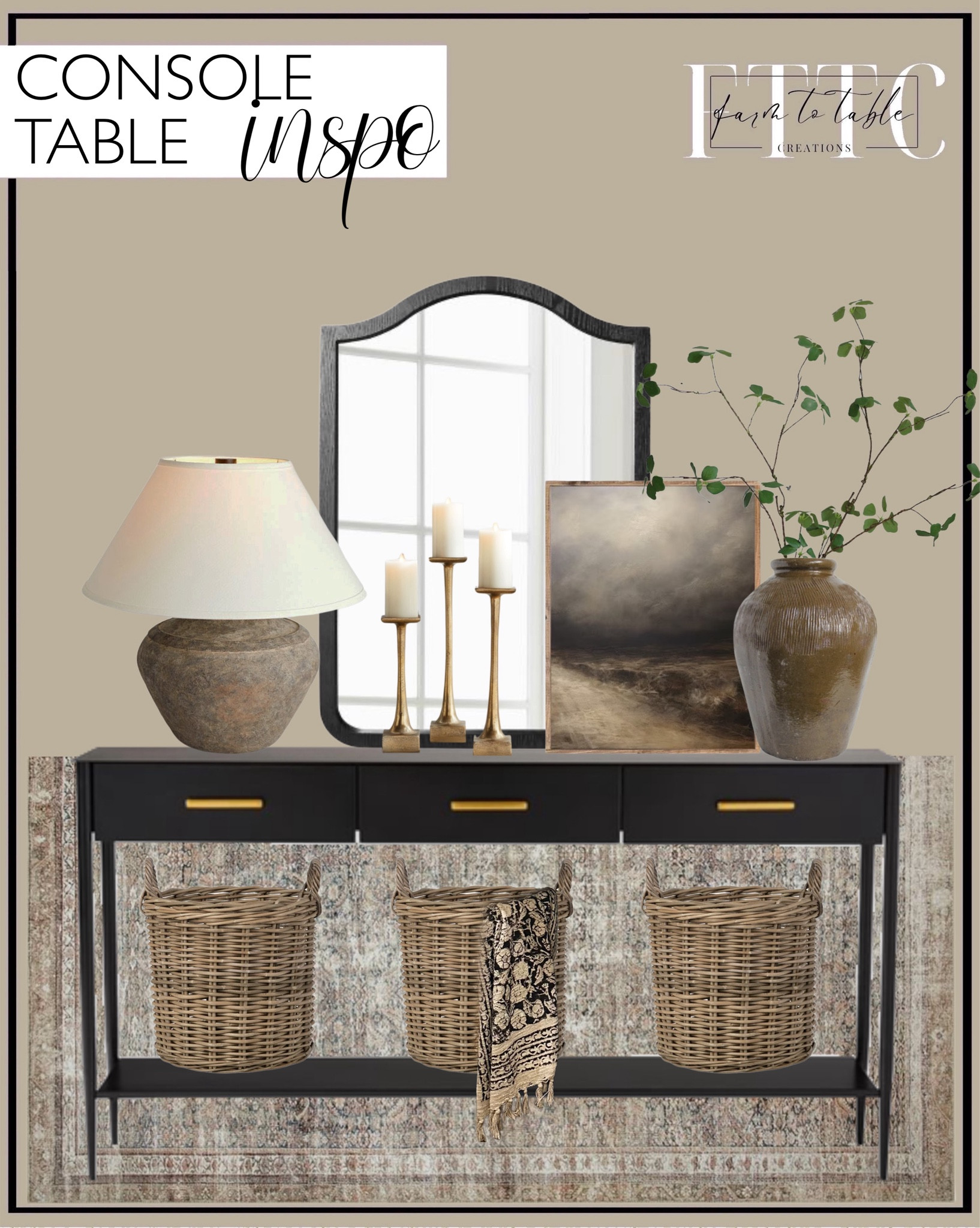 Console Table Inspo. Follow @farmtotablecreations on Instagram for more inspiration.

Use code FARMTOTABLE for 15% off framed art  

Neena Pillar Candleholder. Loloi Chris Loves Julia Jules Collection JUL-09 Ink/Terracotta Rug. Moody Dark Tone Abstract Canvas Printed Sign. Vintage Mijiu Jar. Calabria Table Lamp Rustico. 31.5" Fake Pieris Japonica Stem, Artificial Pieris, Faux Spring Plant Stem. Ayriauna Rattan Basket. West Elm Metalwork Console. 20" x 30" Shield Wall FSC Ash Wood Mirror Black - Threshold designed with Studio McGee. Console Table Styling. Entryway Decor. Affordable Home Finds  

#LTKFindsUnder50 #LTKSaleAlert #LTKHome