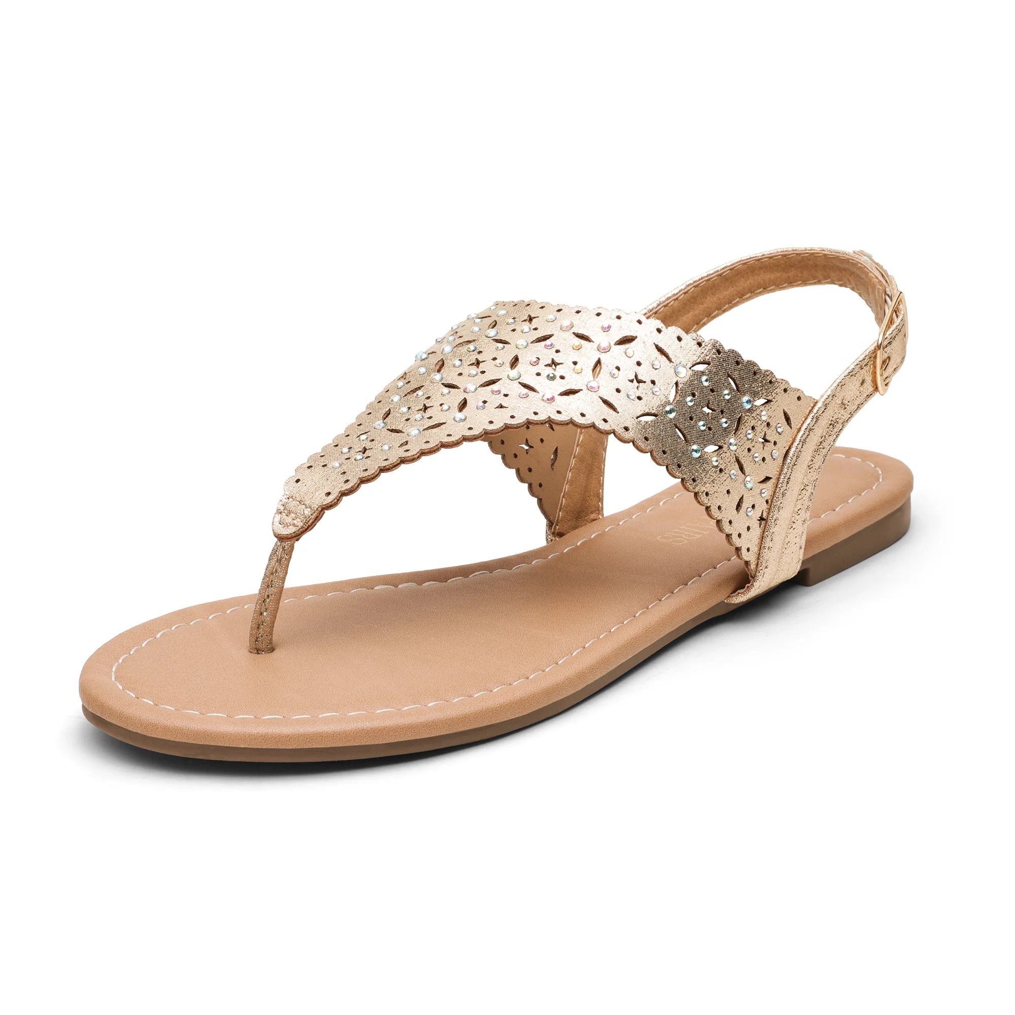 Dream Pairs Women's Rhinestone Casual Wear Cut Flat Sandals Beach Dressy T-Strap Thong Sandals Me... | Walmart (US)