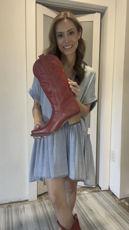 These red cowboy boots are everything I’ve been looking for!!  I was between the suede and these leather ones and I returned the suede when I found these! I suggest sizing down a half size. They hit perfect on the leg and they’re not too big in the calf! My dress is out of stock but I’ll link a few similar options! 

#LTKVideo #LTKTravel #LTKShoeCrush