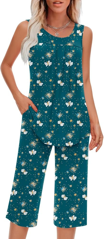 Women Pajamas Sets Loungewear Soft Sleepwear Two Piece Summer Sleeveless Pjs Tank Top Pants with ... | Amazon (US)