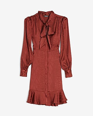 Jacquard Snakeskin Tie Neck Shirt Dress | Express