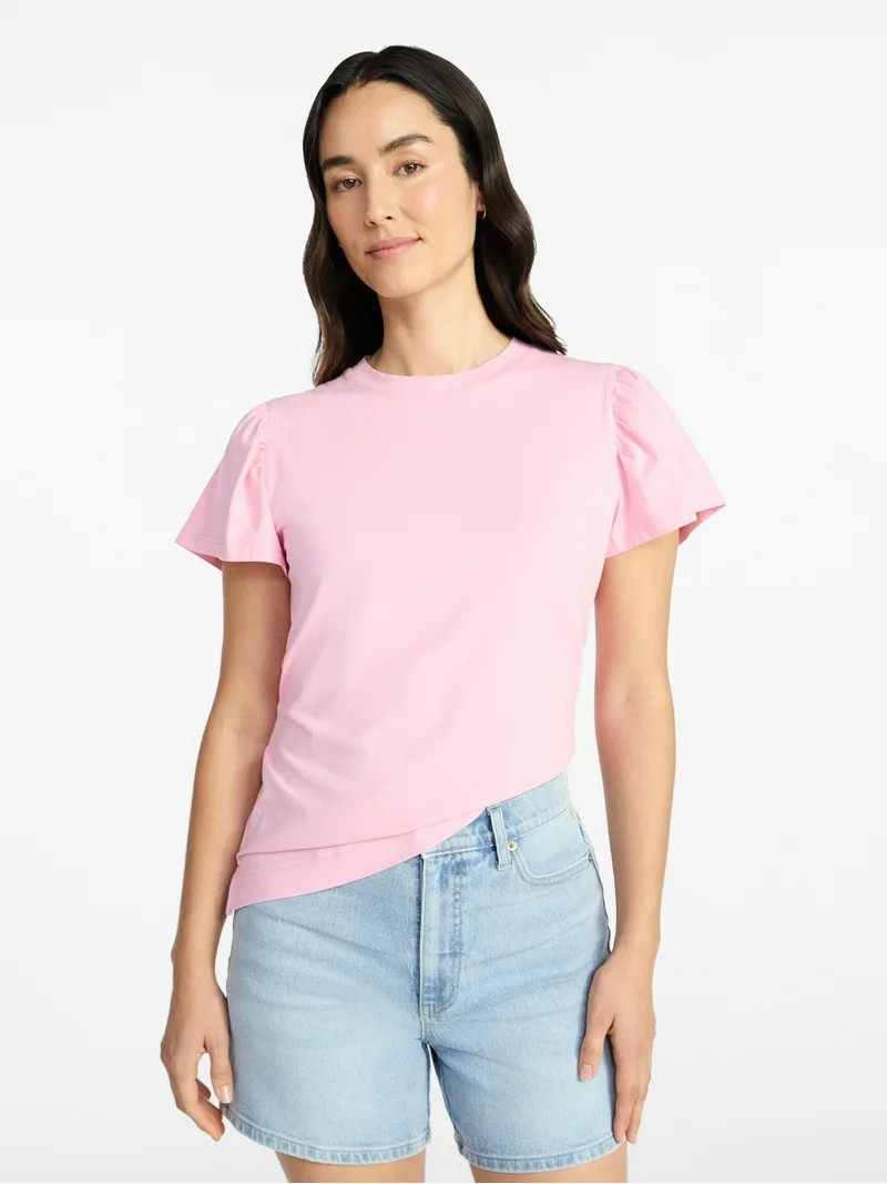Time and Tru Women's Crewneck Top with Short Flutter Sleeves, Sizes XS-XXXL | Walmart (US)