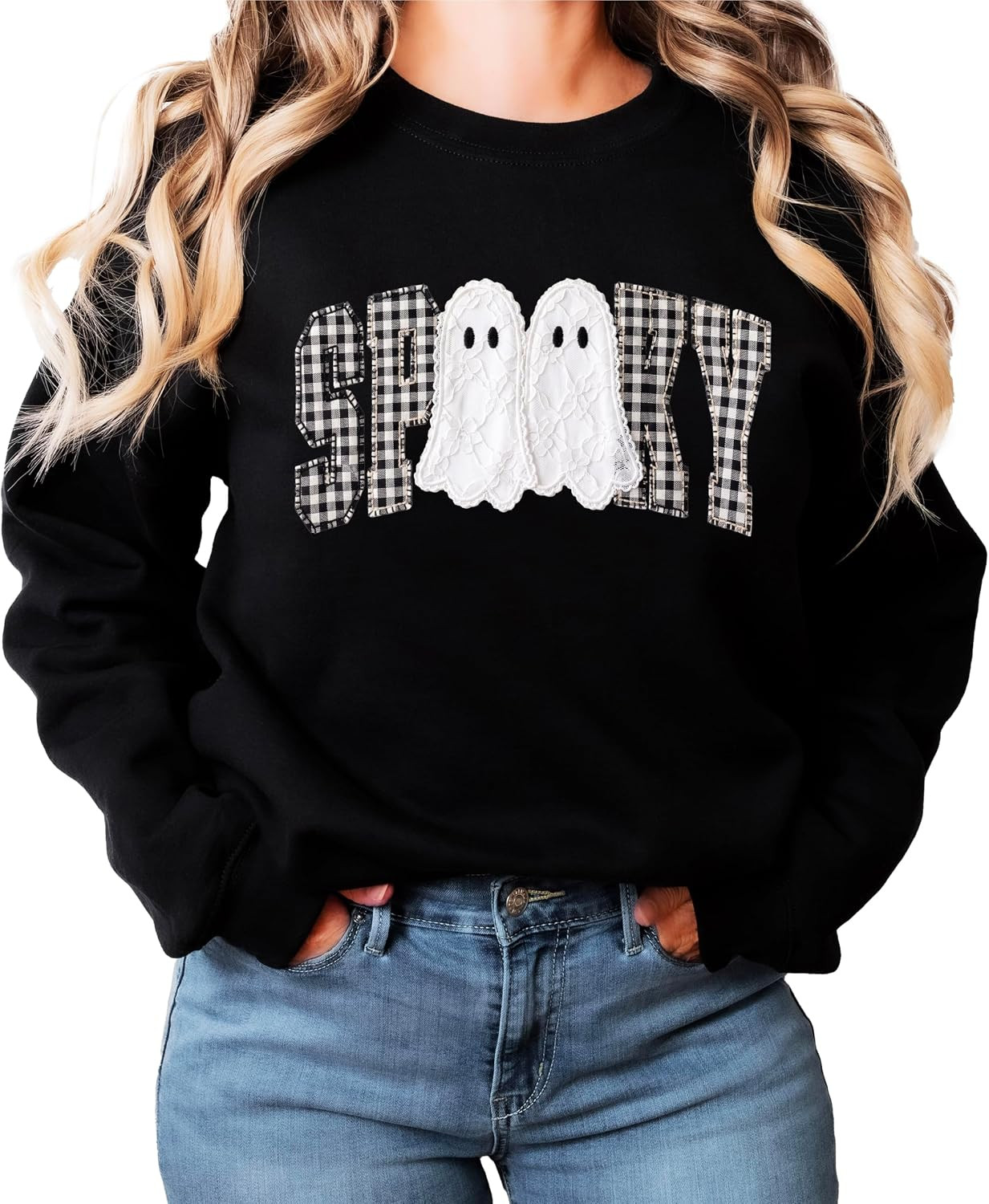 Olive Loves Apple Ink-Printed Spooky Ghost Sweatshirt for Women & Teen Girls Gingham Halloween Crewneck Pullover | Amazon (US)