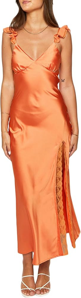 Summer Satin Lace Backless Spaghetti Strap Maxi Dress for Wedding Guest Silk Sleeveless V Neck Sl... | Amazon (US)