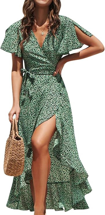 BerryGo Women's Boho V Neck Ruffle Floral Wrap Maxi Dress | Amazon (US)