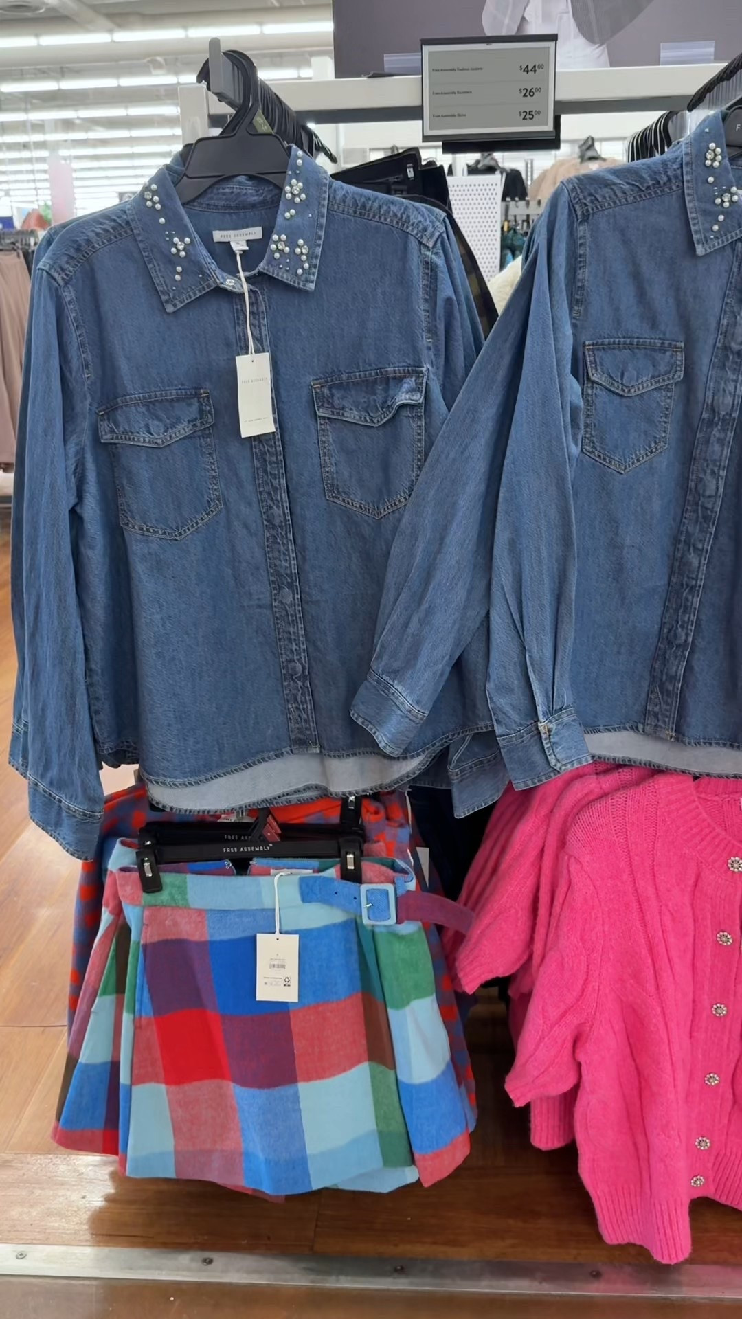 walmart fashion free assembly denim shirt pearl collar jean top plaid skirt belted mini skirt colorful outfit pink cardigan jeweled buttons cozy sweater winter style trendy finds affordable looks new arrivals womens clothing cute pieces store finds shopping inspo outfit ideas seasonal style
