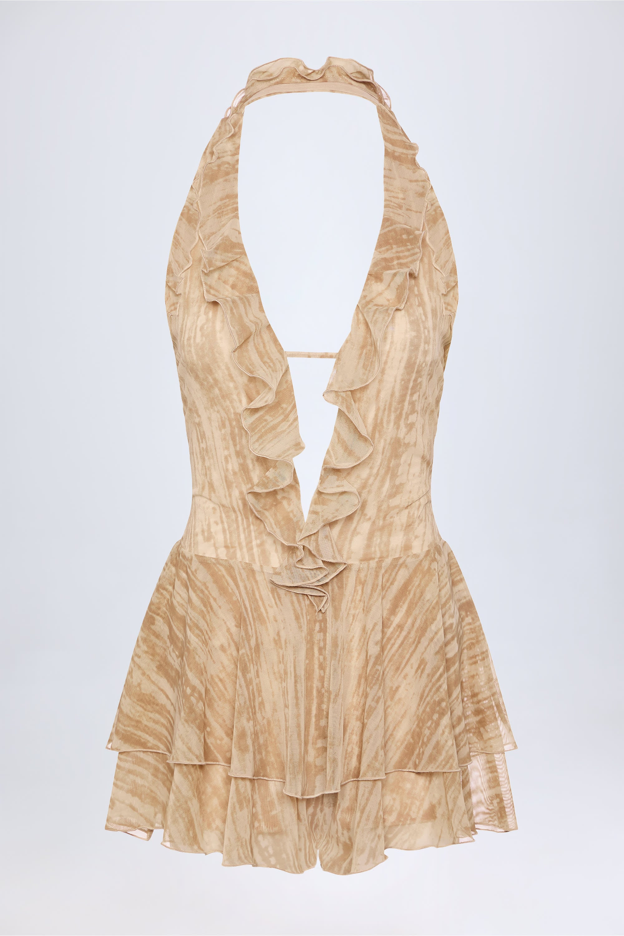Ruffled Plunge Halterneck Playsuit in Tan Print | Oh Polly
