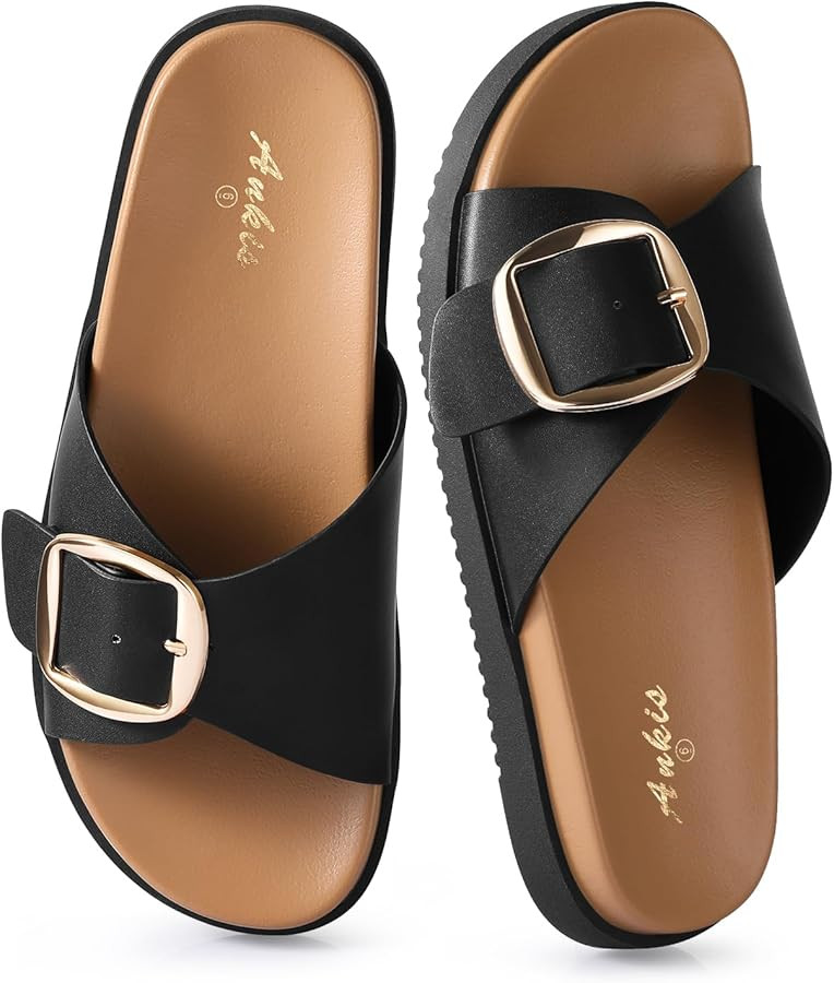 Ankis Brown Black White Flat Sandals for Women 2025,Wide Width Leather Sandals for Women Comforta... | Amazon (US)