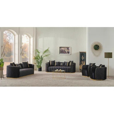 4-Piece Black Velvet Sofa, Loveseat And Two Chairs Set – Modern Glam Tufted Living Room Furniture With Gold Metal Accents | Wayfair North America