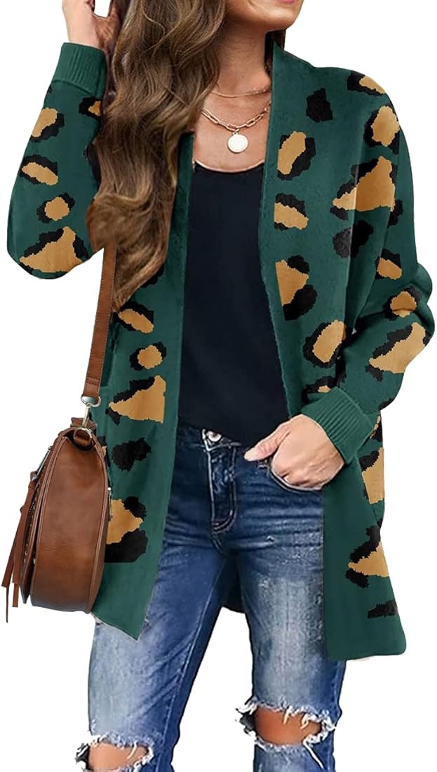 ZESICA Women's Long Sleeves Open Front Leopard Print Knitted Sweater Cardigan Coat Outwear | Amazon (US)