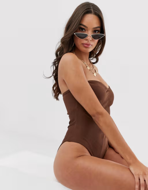 ASOS DESIGN bandage strapless swimsuit in brown | ASOS US