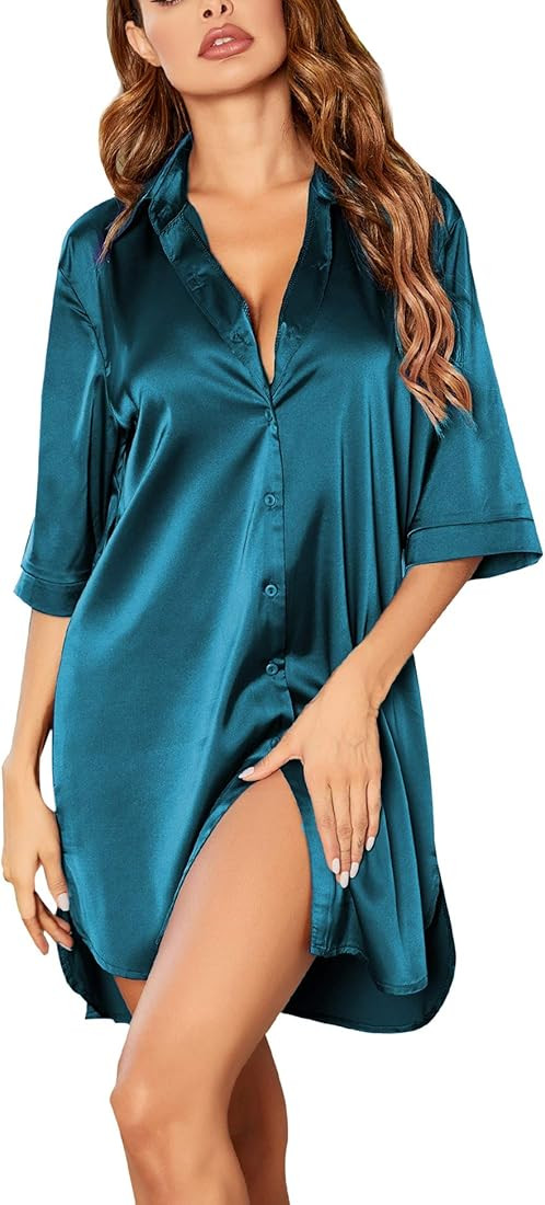 Ekouaer Women's Nightgown Button Down Sleepshirt Satin 3/4 Sleeve Nightshirt Boyfriend Notch Collar  | Amazon (US)