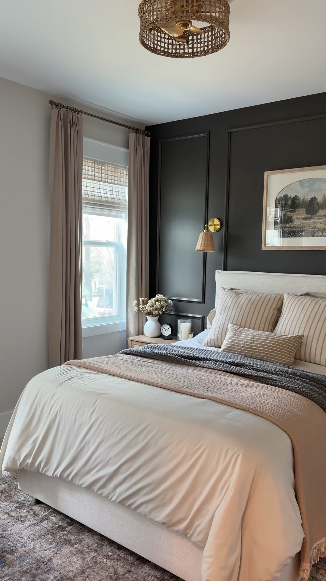 Guestbedroom, moody accent wall, upholstered bed, moody dark wall, bedroom design, bamboo shades, wall sconces, art above bed, guest bedroom ideas 

#LTKHome