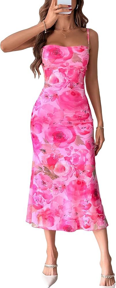 GORGLITTER Women's Floral Backless Bodycon Midi Dress Mesh Sleeveless Fishtail Cami Dresses | Amazon (US)