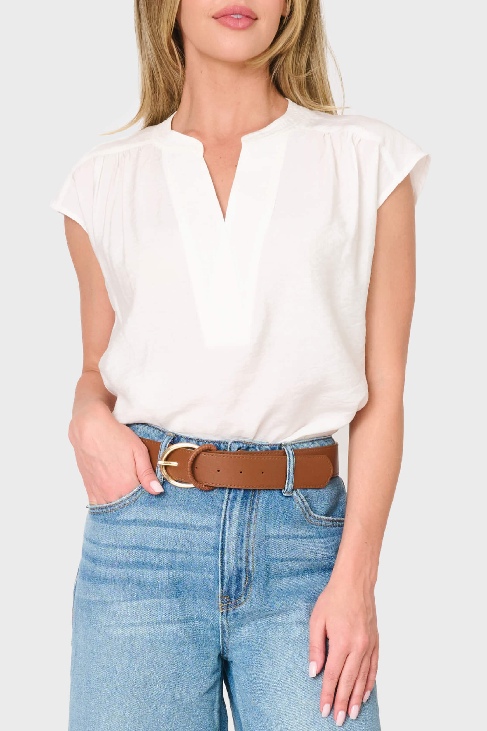 Cap Sleeve Notch Neck Blouse | White Top | Gibson