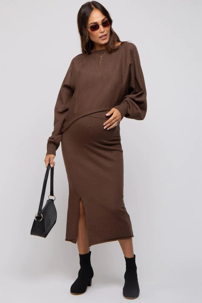 Brown Knit Long Sleeve Crop Top Maternity Midi Skirt Set | PinkBlush Maternity