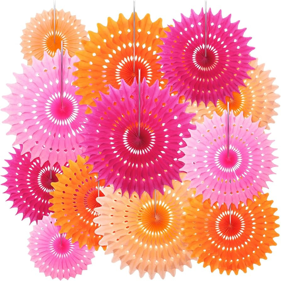 Outus 12 Pcs Hanging Honeycomb Paper Fans Sets, Fiesta Pink and Orange Party Decorations, Tissue ... | Amazon (US)