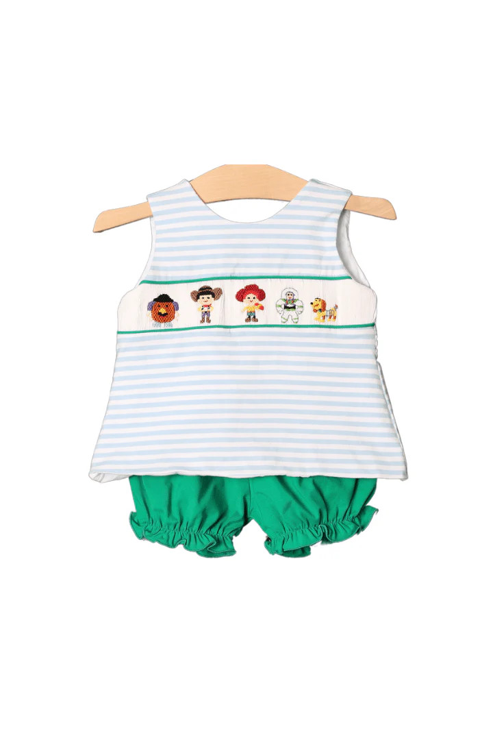 Smocked Friends Blue Stripe Bow Set | The Smocked Flamingo