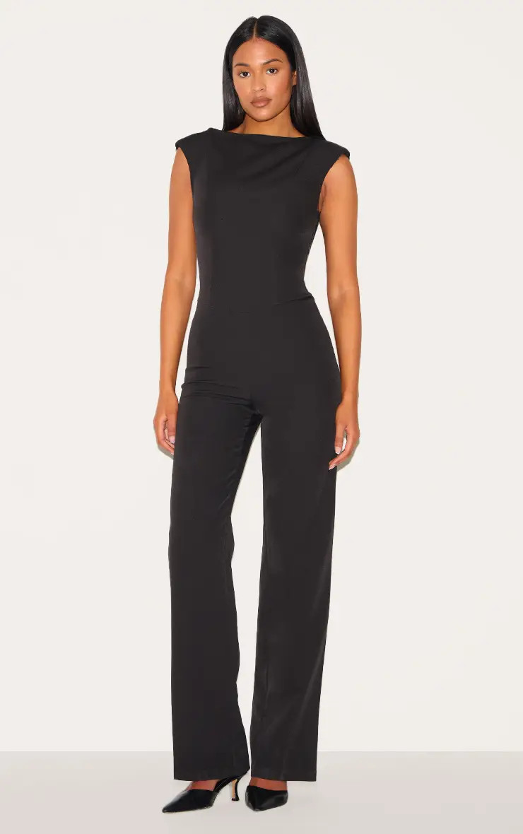 Tall Black Sleeveless Woven Wide Leg Jumpsuit | PrettyLittleThing US