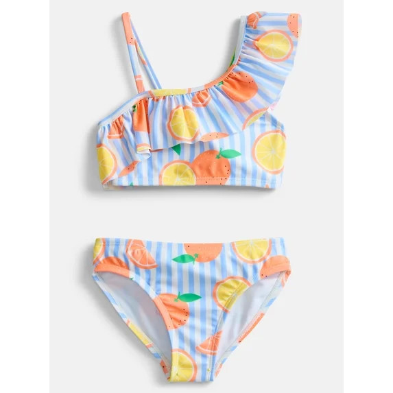 Wonder Nation Girls Citrus Print Ruffle Swimsuit Top and Bottom Set with UPF 50, 2-Piece, Sizes 4... | Walmart (US)