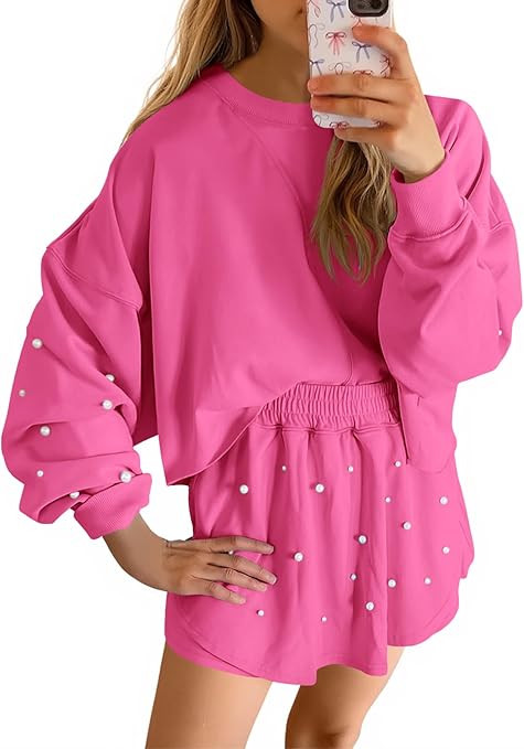 Fisoew Womens Lounge Sets 2 Piece Outfits Decor Pearl Long Sleeve Sweatshirt Skort Skirt Tracksui... | Amazon (US)