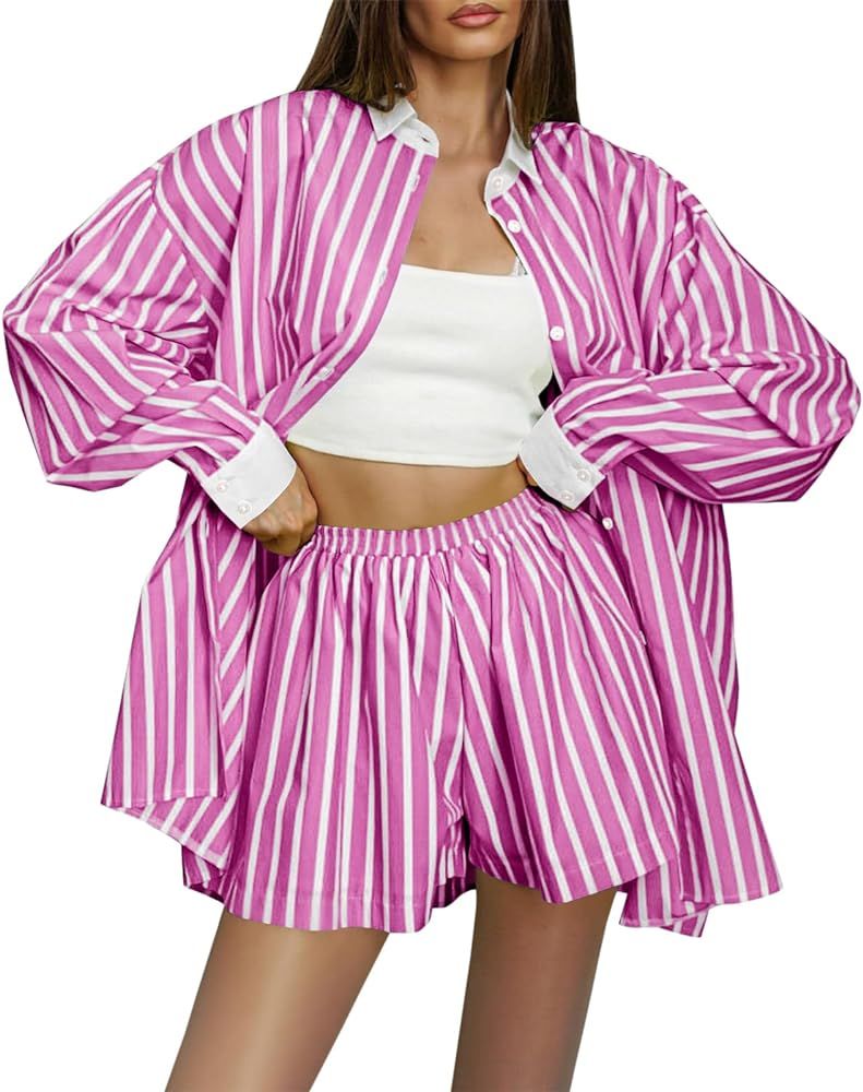Tankaneo Womens 2 Piece Outfits Oversized Striped Button Down Shirt and Elastic Waist Shorts Loun... | Amazon (US)