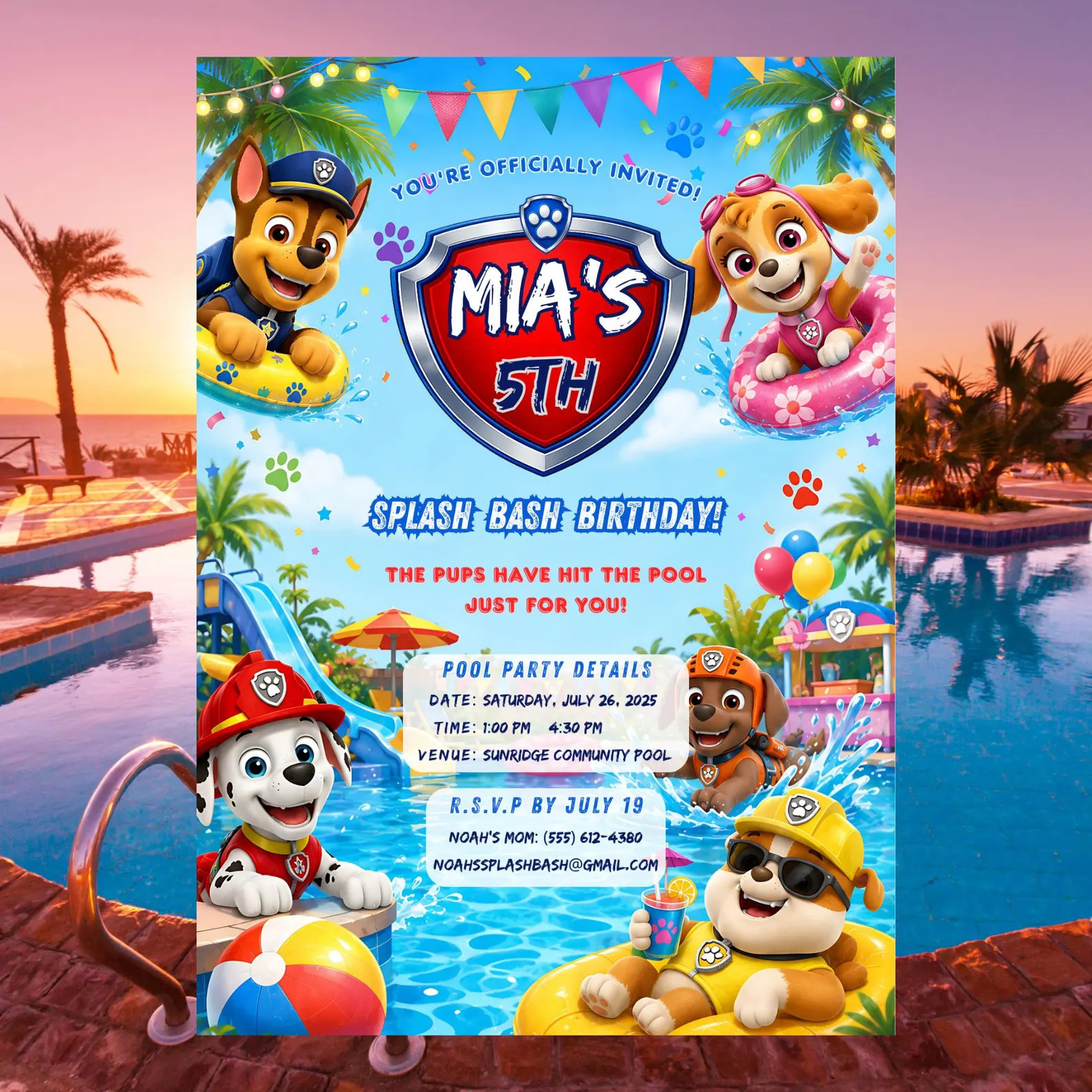 Editable Paw-ty Tropical Pool Party Birthday Invitation Template | Water Slide Paw Pup Patrol Inv... | Etsy (Global)