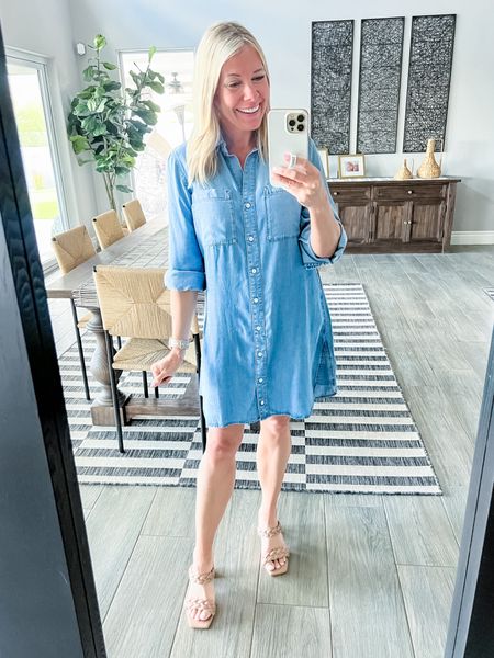 Love this chambray long sleeve dress and sandals. XS dress and sandals run tts. Evereve spring dresses 

#LTKSeasonal #LTKstyletip #LTKover40