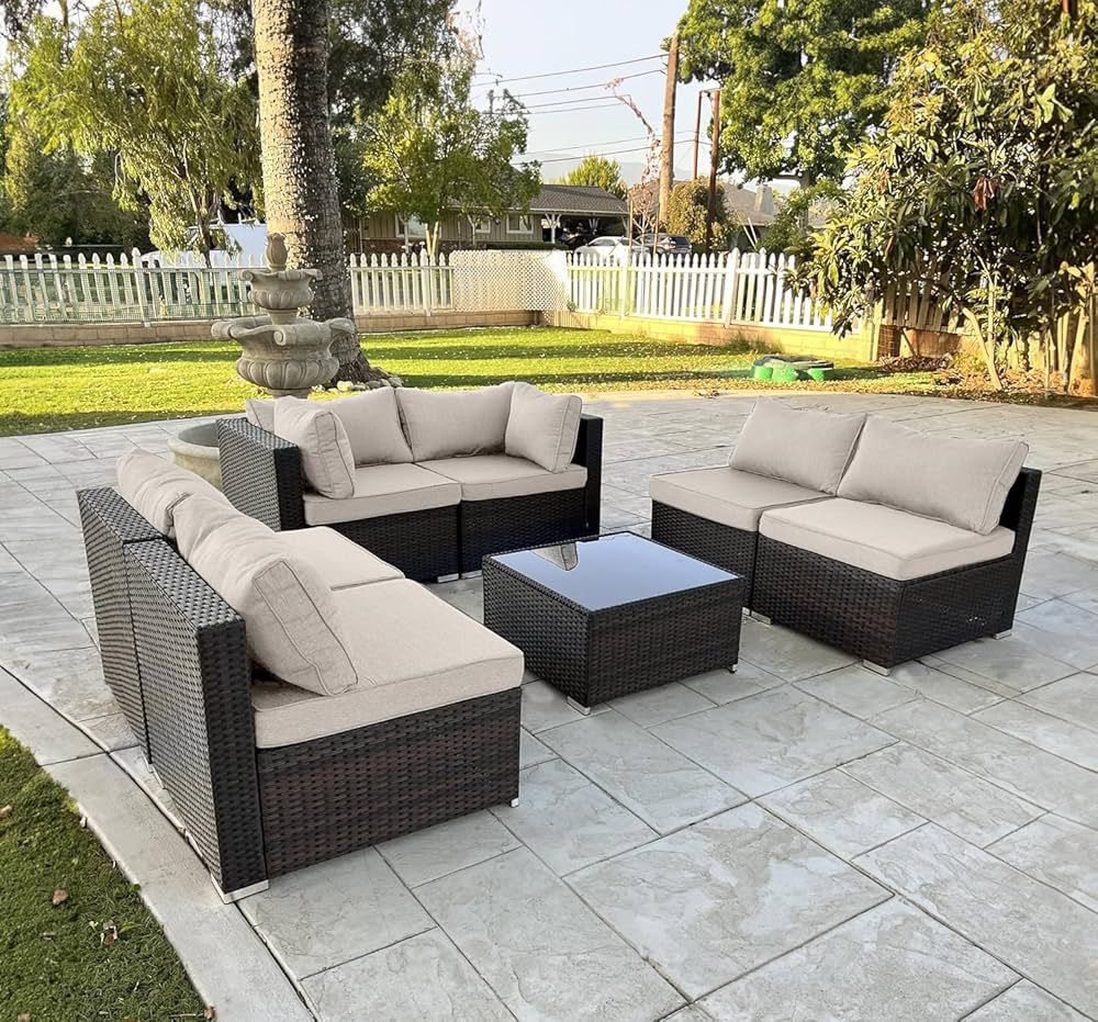 WWR 7-Pieces Modular Outdoor Sectional Wicker Sofa Patio Furniture Sets, Handwoven PE Wicker Ratt... | Amazon (US)