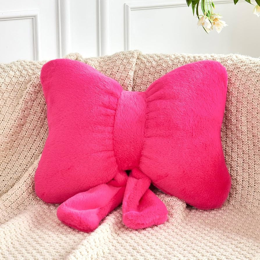 Hot Pink Bow Pillow, Soft Bow Decorative Pillows with Faux Rabbit Fur, Cute 12" Bow Throw Pillows... | Amazon (US)