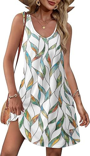OFEEFAN Womens Summer Dresses 2024 Loose V Neck Sleeveless Sundresses Swimsuit Coverup with Pocke... | Amazon (US)