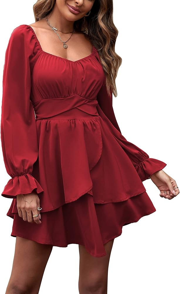 OUGES Womens Long Lantern Sleeve V Neck Ruffle Casual Swing Mini Smocked Dress | Amazon (US)