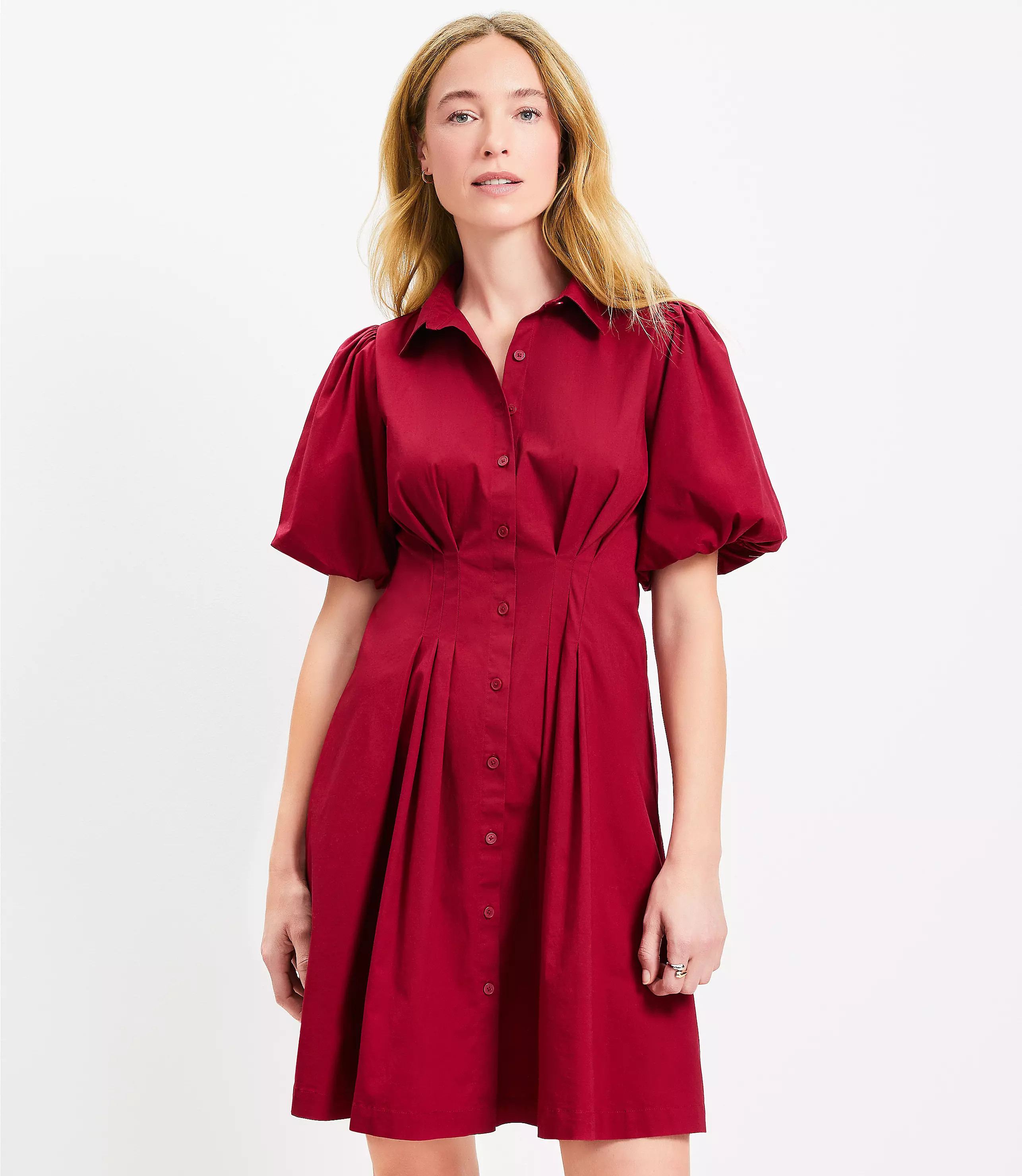 Pleated Bubble Sleeve Mini Shirtdress | LOFT