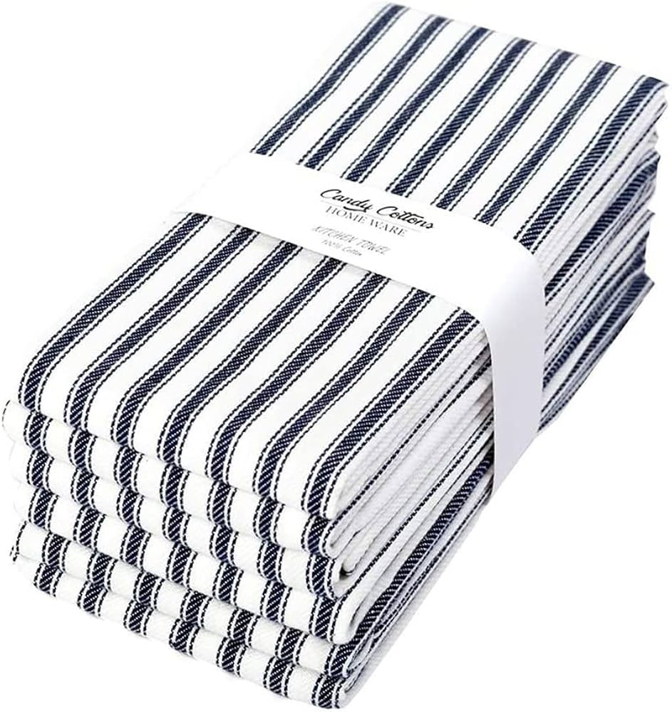 Candy Cottons Set of 6 Kitchen Dish Towels, 100% Cotton Kitchen Towels, with Hanging Loop, Dishcloth Sets for Washing & Drying Dishes, Tea Towels & Hand Towels 18x28, French Stripe, Navy Blue | Amazon (US)