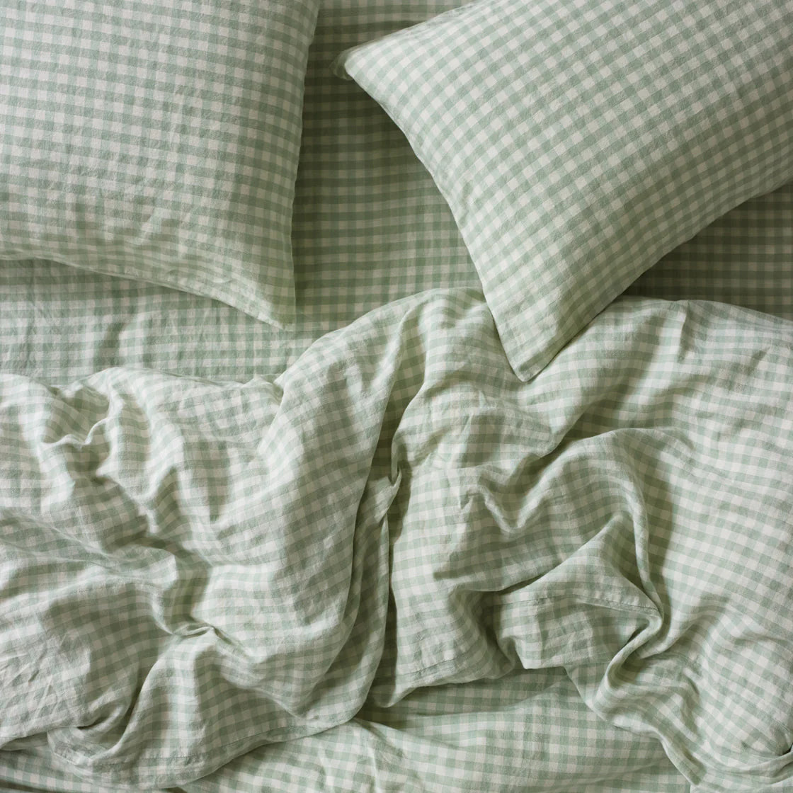 Sage Green Gingham Linen Blend Duvet Cover | Piglet