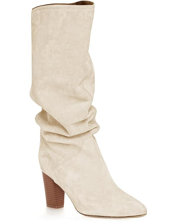 Coutgo Womens Slouchy Knee High Boots Wide Calf Kitten Heel Pointed Toe Pull On Long Boots Winter... | Amazon (US)