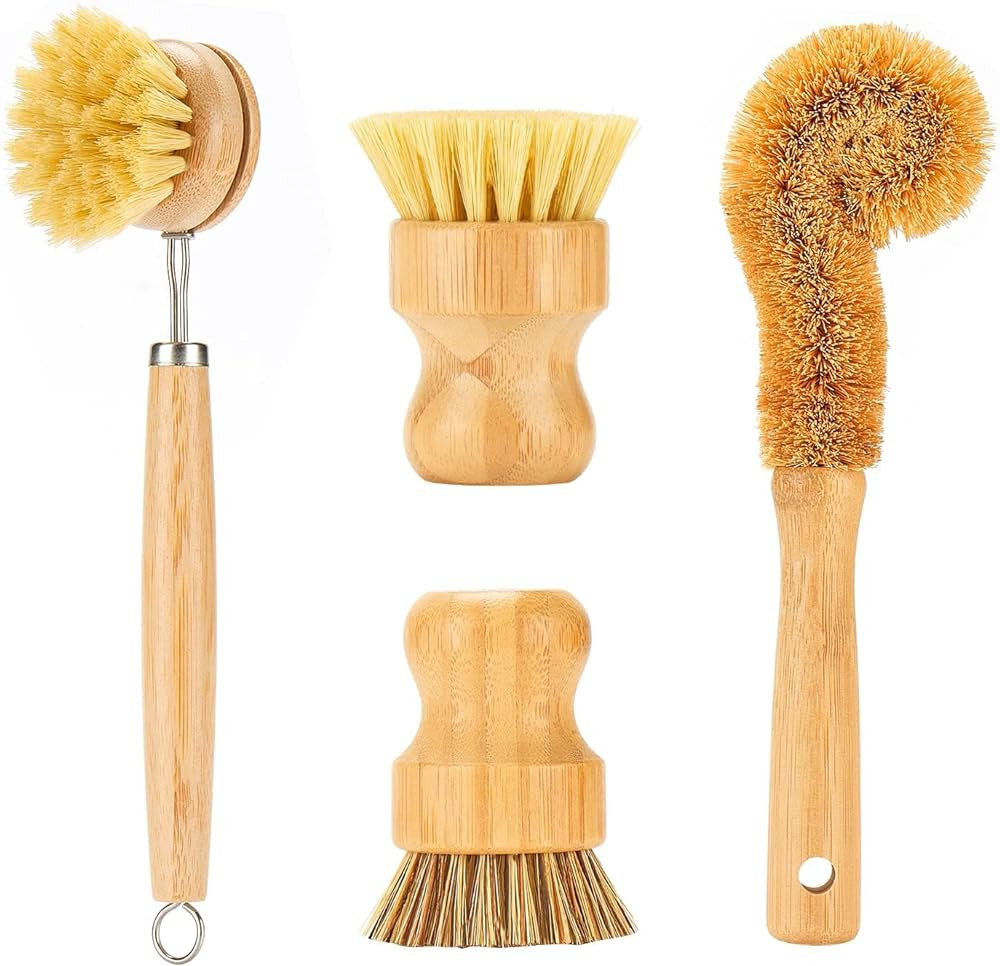 Bamboo Dish Brushes Sets 4 Tools in One Kitchen Clean Dish Scrubber for Pots Pans Bottles with Na... | Amazon (US)