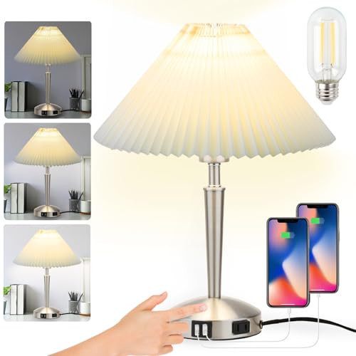 Touch Bedside Table Lamp - Modern Small Lamp for Bedroom Living Room Nightstand, Desk lamp with Fabric Lamp Shade, Warm LED Bulb, 3 Way Dimmable, Simple Design Mother's Day Gifts (Silver) | Amazon (US)