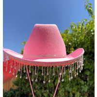 Pink Cowboy Hat With Rhinestone Fringe & Band, Bridal Shower Hat, Cowgirl Diamond Tassel Western Wedding | Etsy (US)