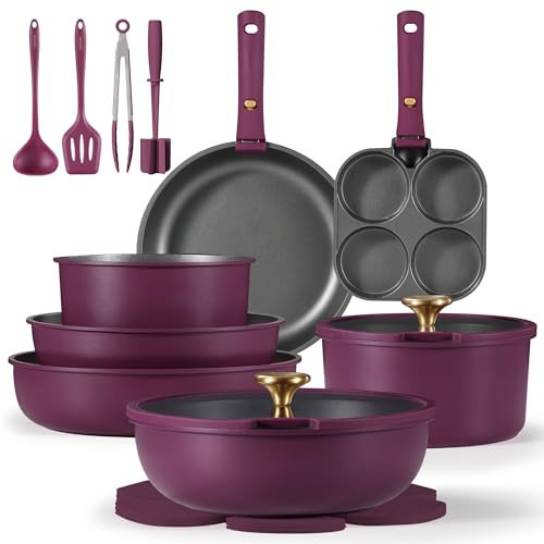 CAROTE 21pcs Pots and Pans Set, Nonstick Cookware Set Detachable Handle, Induction Kitchen Cookware Sets Non Stick with Removable Handle, RV Cookware Set, Gold and Purple | Amazon (US)