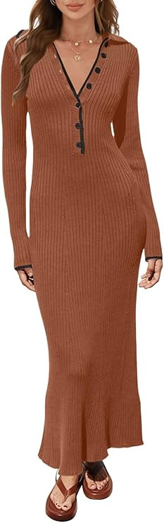 MEROKEETY Women's Long Sleeve V Neck Sweater Dress Button Ribbed Knit Slim Fit Elegant Maxi Dress... | Amazon (US)