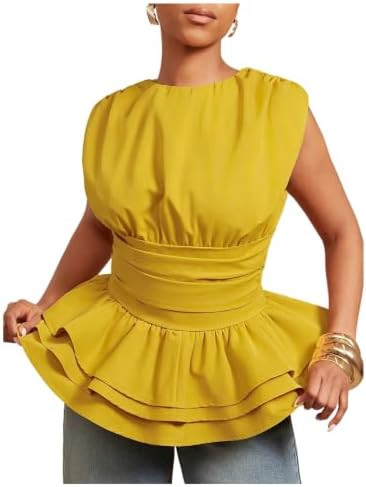 Milumia Women's Ruched Cinched Waist Top Sleeveless Layered Peplum Blouses | Ruffle Hem,Crew Neck... | Amazon (US)